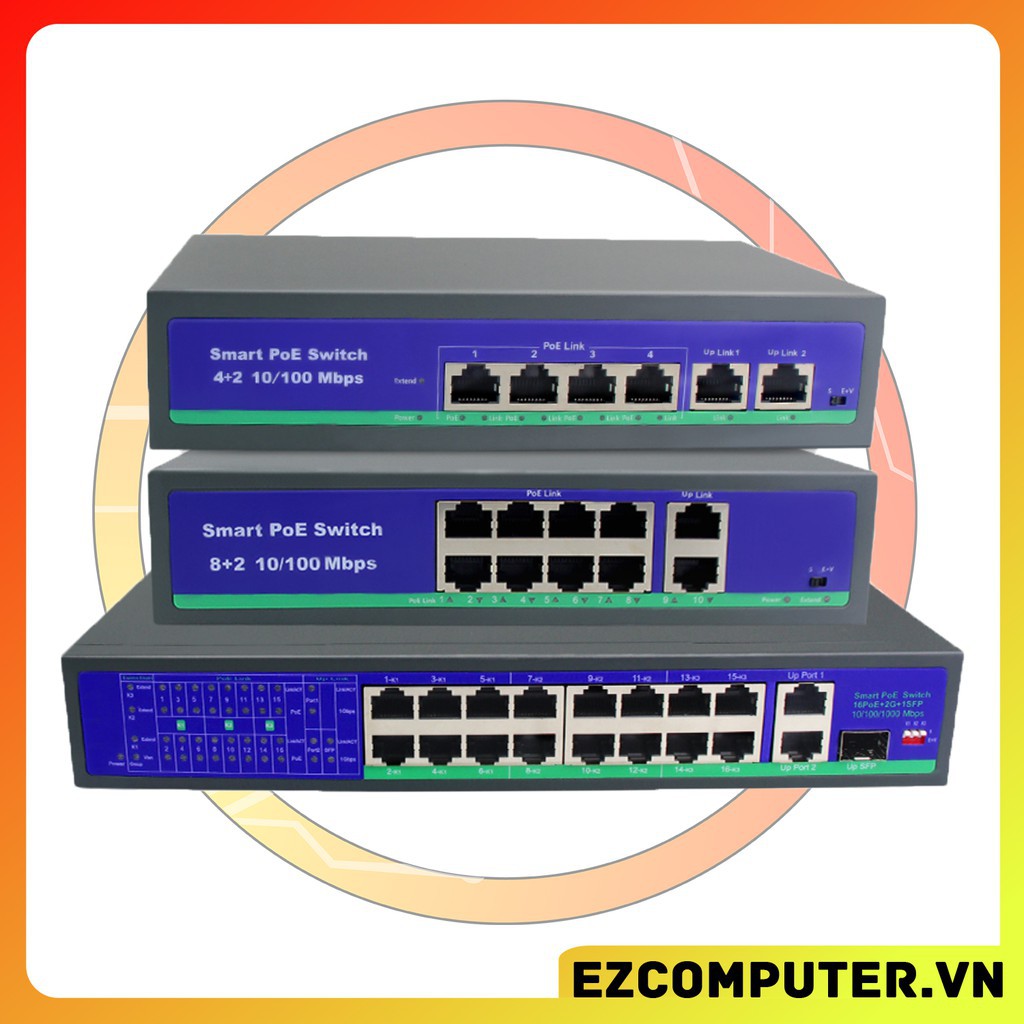 Switch POE Cho Hệ Thống Camera POE 48V 6 port (4+2) 10 port (8+2) 10/100Mbps 95