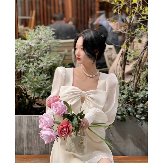 ĐẦM KEM NƠ NGỰC TAY DÀI BO