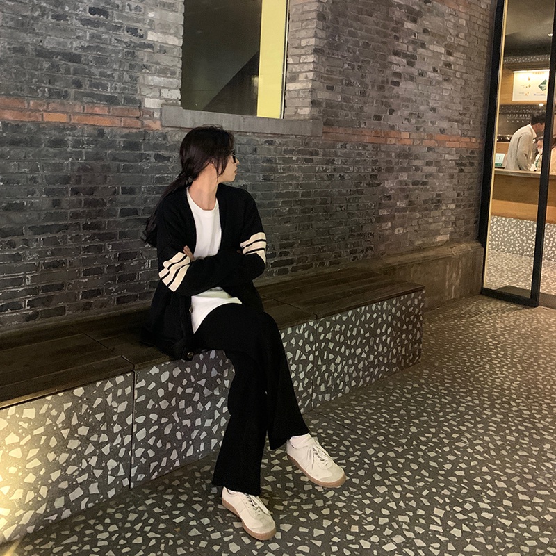 Porozi  Áo Khoác Cardigan Dệt Kim Cổ Chữ V Họa Tiết Kẻ Sọc Phong Cách Hàn Quốc Cho Nữ