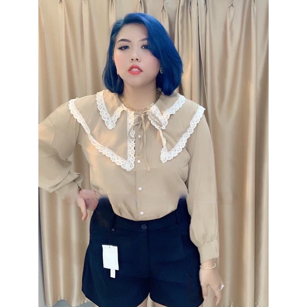 [Shop bigsize nữ 60kg-90kg] Áo sơ mi tay dài công sở cổ viền ren màu đen/nâu/nude/trắng shop táo đỏ bigsize