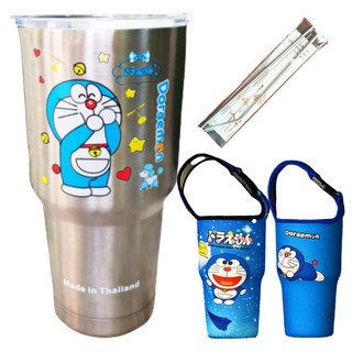 COMBO LY GIỮ NHIỆT DOREMON BẠC 900ML (CÓ TÚI, 2 ỐNG HÚT, 1 CỌ RỬA)