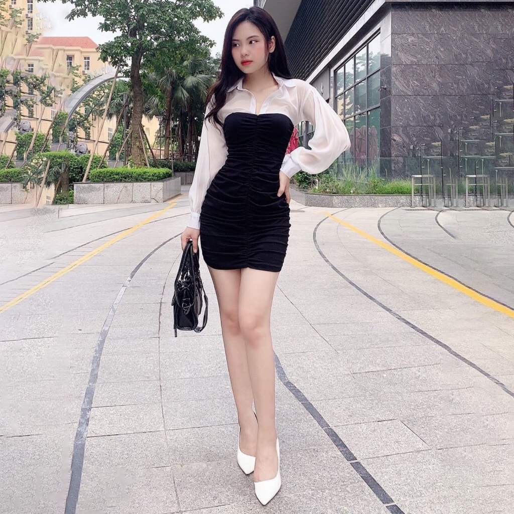 Mẫu Thiết Kế Sang Chảnh Mới Đầm Váy Thời Trang Nữ Body Nhún Phối Voan Tay Dài Cổ Sơ Mi