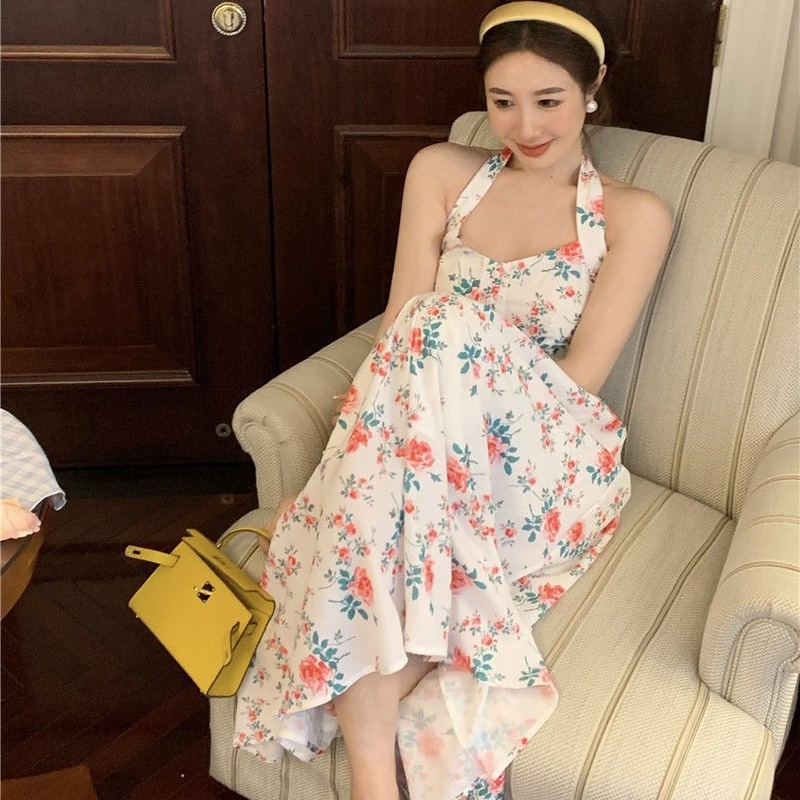 Đầm Dài Cổ Yếm In Hoa Kiểu Pháp Thời Trang Mùa Hè Quyến Rũ Cho Nữ