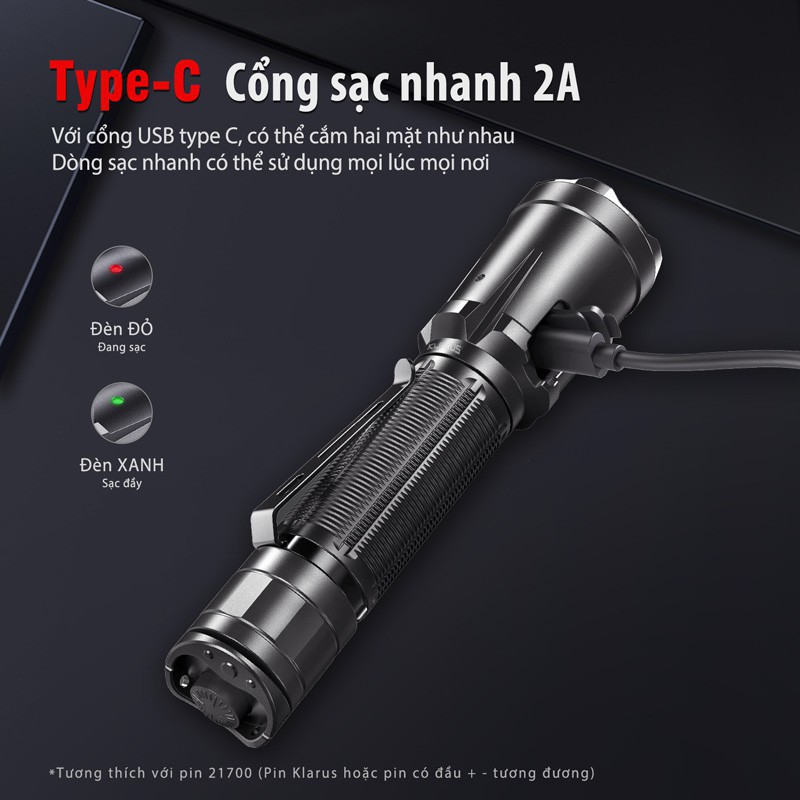 [SIÊU SÁNG] [BH 5 NĂM] Đèn pin và đèn sạc KLARUS XT21C tác chiến nhanh sáng 3200 lumen xa 324m LED Luminus sạc type-C