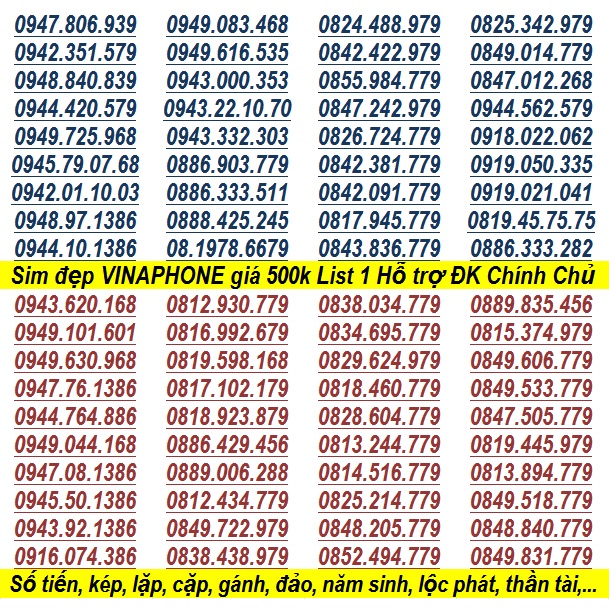 Số Đẹp VINA GIÁ RẺ 500K Dễ Nhớ File 1 Hỗ Trợ ĐĂNG KÝ CHÍNH CHỦ Miễn Phí Có nhiều khuyến mãi gói Của VinaPhone