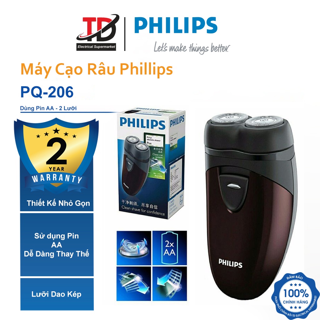 Máy Cạo Râu Philips PQ206 - Dùng Pin AA Tiện Dụng - Lưỡi Dao Kép - Bảo Hành Chính Hãng 2 Năm
