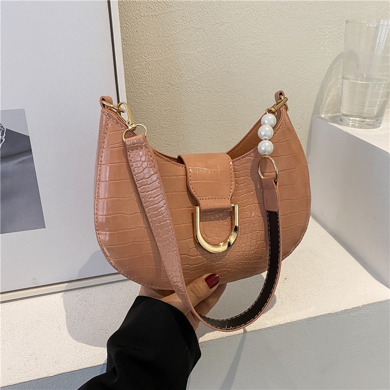IELGY Túi Đeo Vai Hình Tròn In Họa Tiết Da Cá Sấu Đính Ngọc Trai Giả Thời Trang Cho Nữ