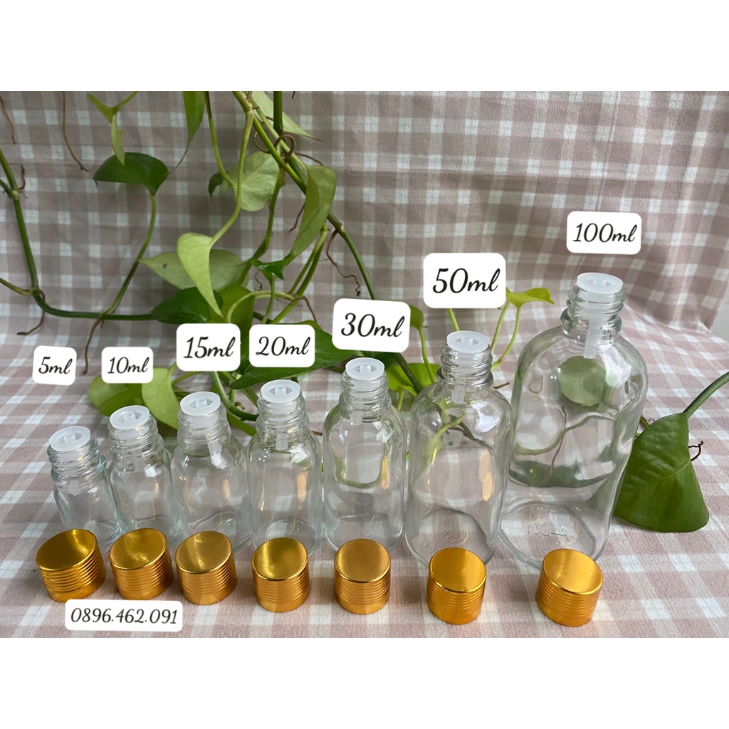 CHAI THỦY TINH THÂN TRONG/THÂN NÂU NẮP VẶN XI VÀNG, CHAI ĐỰNG TINH DẦU 5ML/10ML/15ML/20ML/30ML/50ML/100ML
