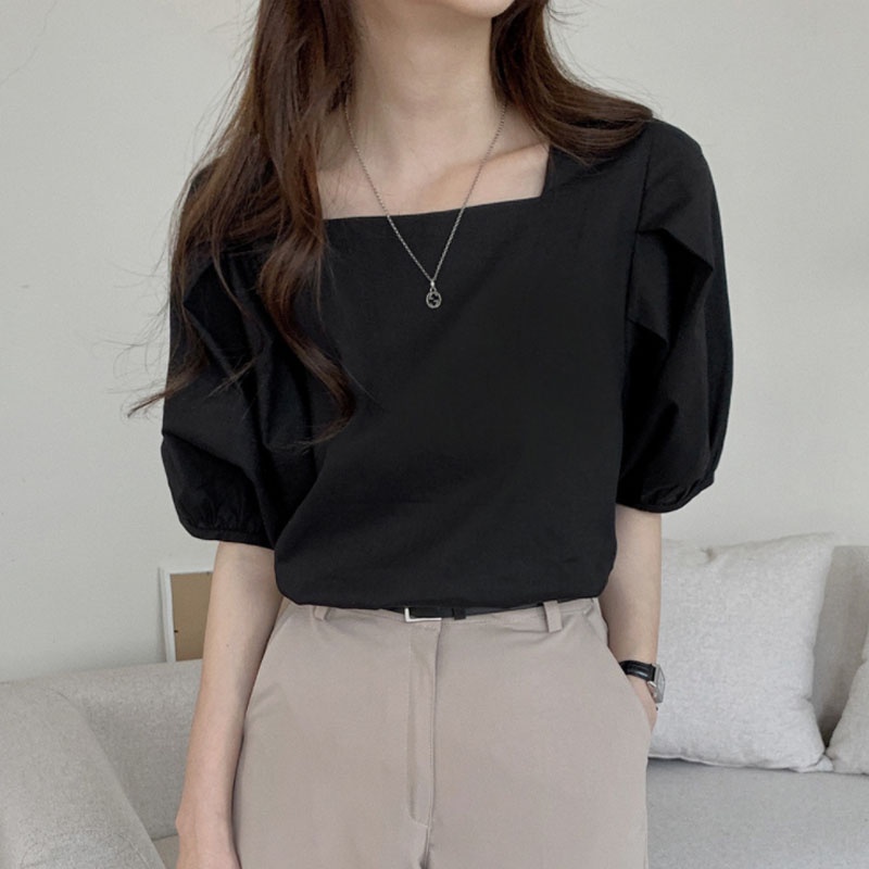 Áo sơ mi IELGY tay ngắn cổ vuông dáng rộng phong cách Pháp thời trang cho nữ