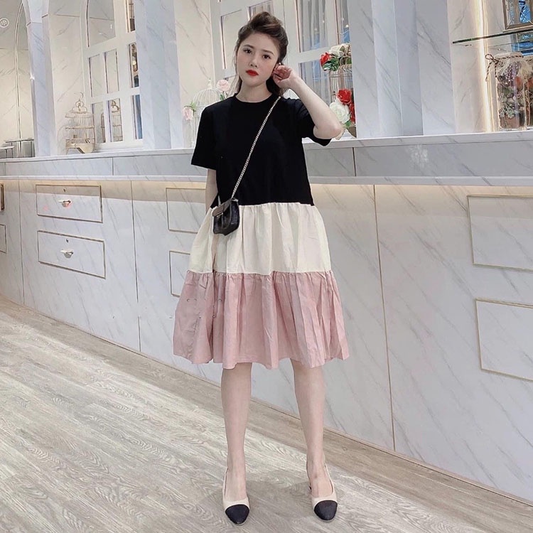 Đầm đuôi cá 3 tầng đen be phối màu Váy ngắn tay cổ tròn form rộng