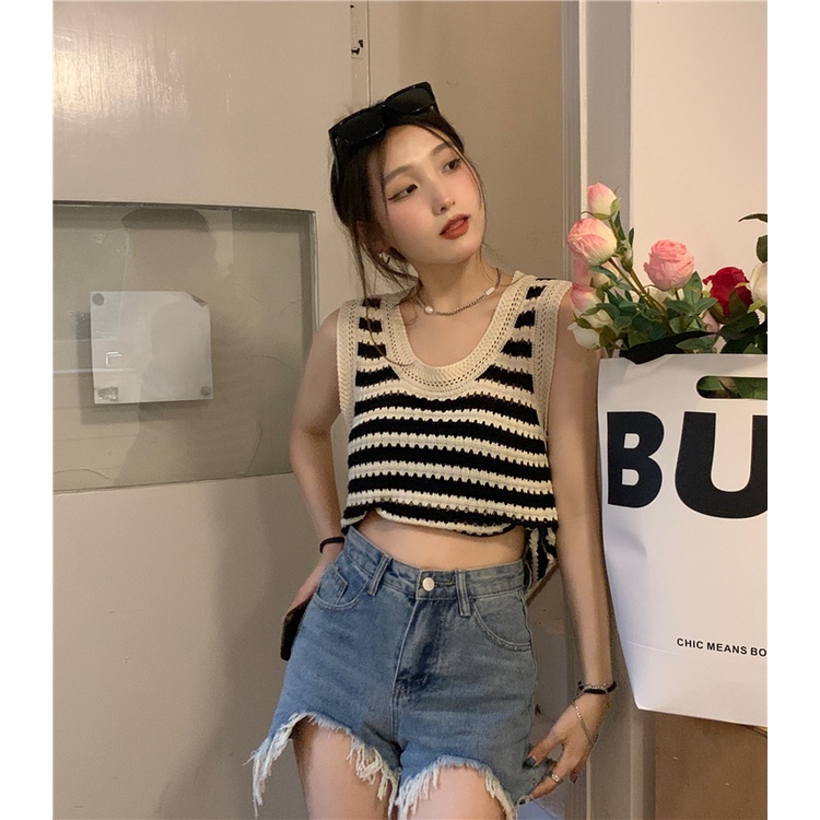 HUANG YOYO  Áo Dệt Kim Sát Nách Dáng Rộng Họa Tiết Kẻ Sọc Thời Trang Mùa Hè Phong Cách Hàn Quốc Cho Nữ