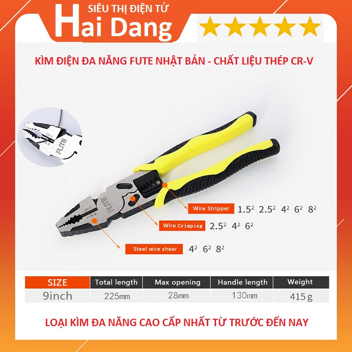 Kìm Điện, Kìm Điện Đa Năng Cộng Lực Thép CRV - FUTE Nhật Bản - Cắt Cáp, Sắt, Thép, Tuốt Dây Điện