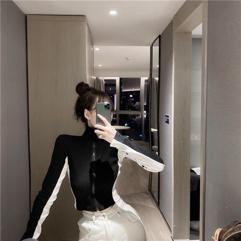COZOK Áo khoác len cardigan cổ cao ôm dáng phối khóa kéo đa năng