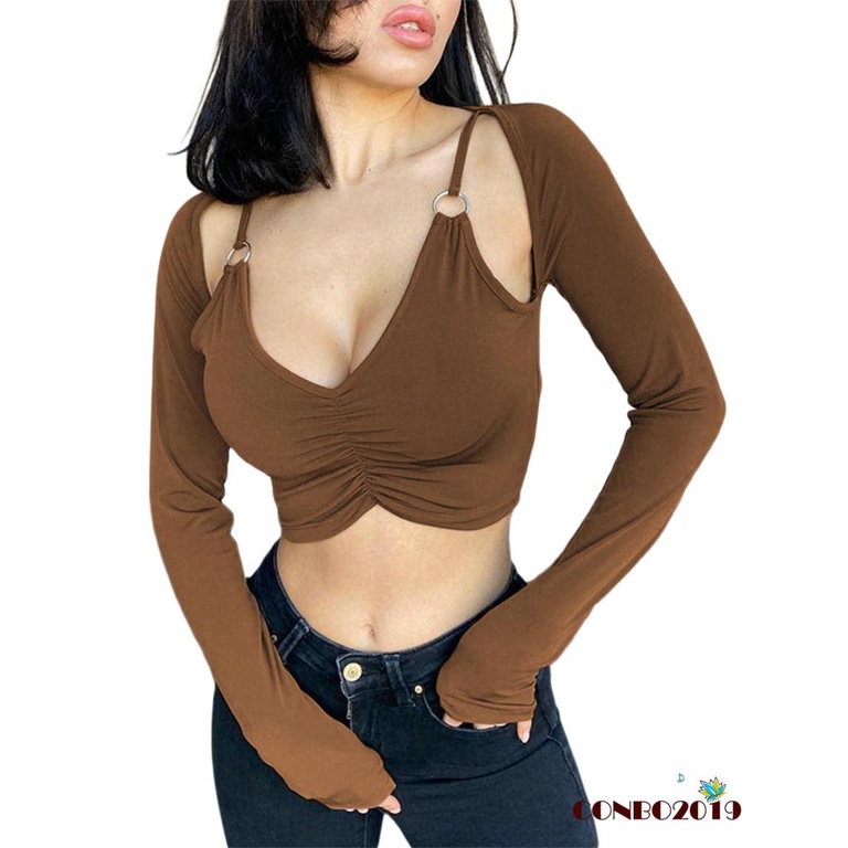 Áo Croptop Tay Dài Cổ Chữ V Màu Trơn Thời Trang Mùa Hè Cho Nữ