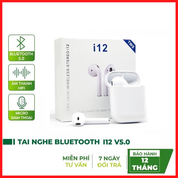 Tai nghe Bluetooth i12 TWS không dây cảm ứng vân tay công nghệ cao âm thanh chất lượng mic hỗ trợ đàm thoại