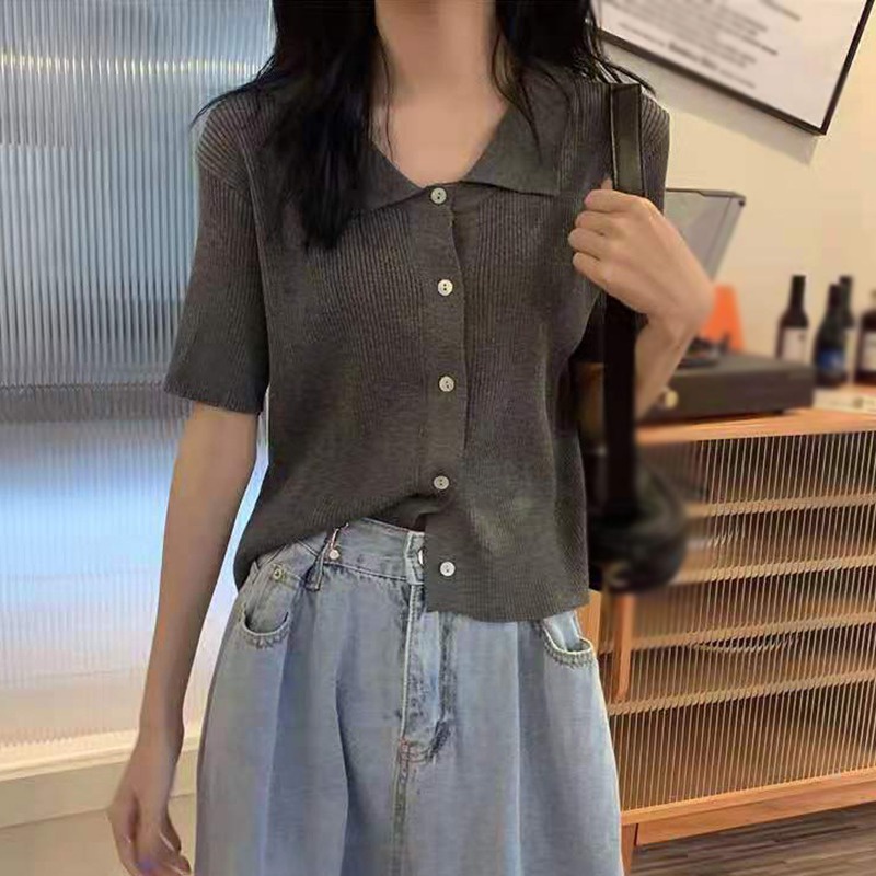 Áo cardigan dệt kim tay ngắn màu sắc đơn giản phong cách Hàn Quốc sành điệu