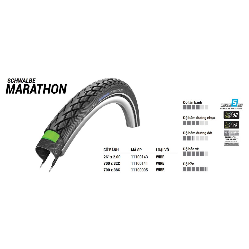 [CHÍNH HÃNG] Vỏ / Lốp xe đạp không gấp Schwalbe Marathon Tire 700 x 38C (40-622) (1 cái)