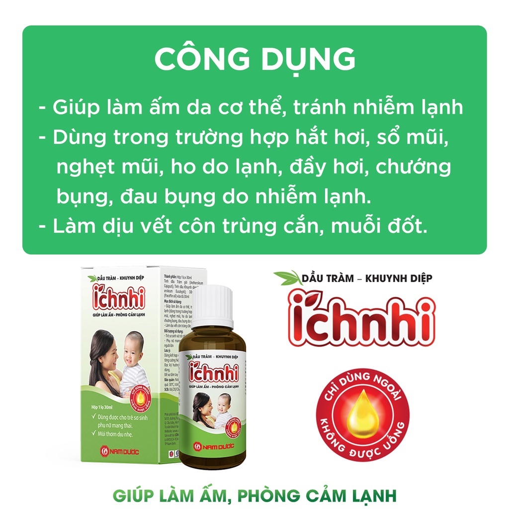 Dầu Tràm Khuynh Diệp Ích Nhi 30ml Giúp Phòng Cảm Lạnh, Làm Ấm, An Toàn Cho Trẻ Sơ Sinh Và Phụ Nữ Có Thai, Sau Sinh