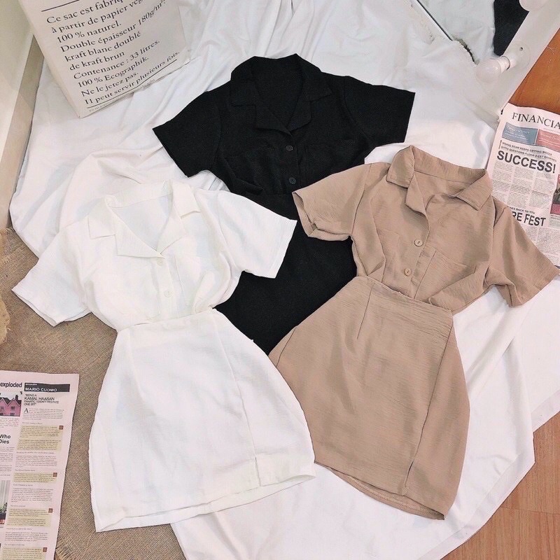 Set áo cổ vest kèm chân váy chữ A