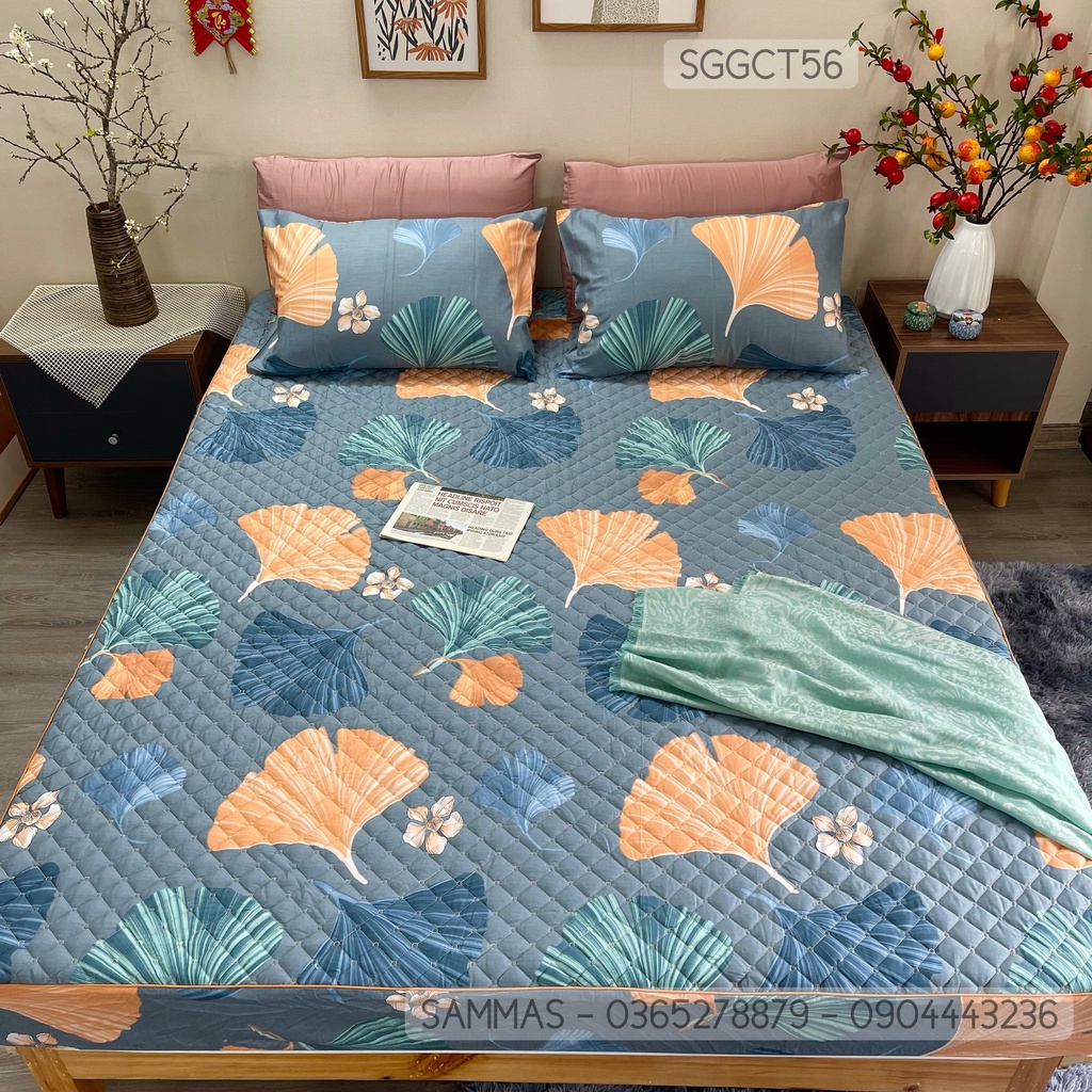 Set Ga Gối Cotton Chần Bông 3 Món, Ga Trải Giường Kèm Vỏ Gối Thấm Hút Mồ Hôi