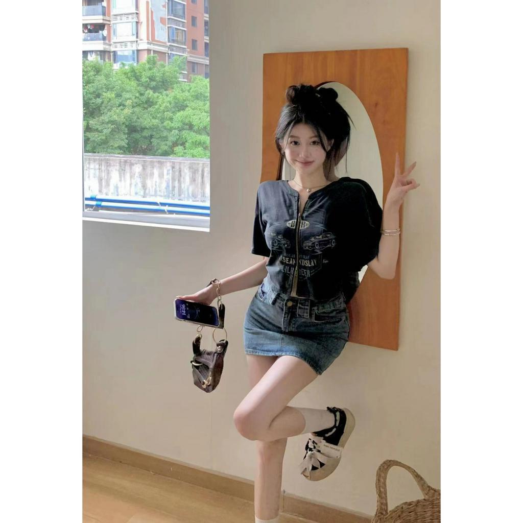 Ethelgirl  Thun Tay Ngắn Hai Đầu Có Khóa Kéo In Họa Tiết Cổ Điển Phong Cách Mỹ Thời Trang Cho Nữ