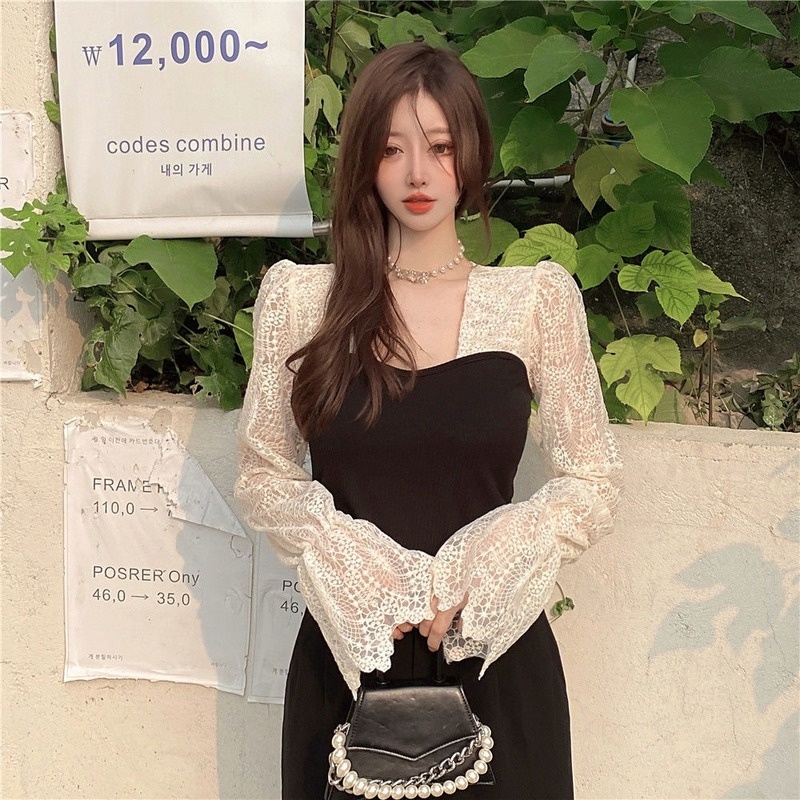 Áo dệt kim phối ren thời trang mùa thu mới dễ phối đồ dành cho nữ