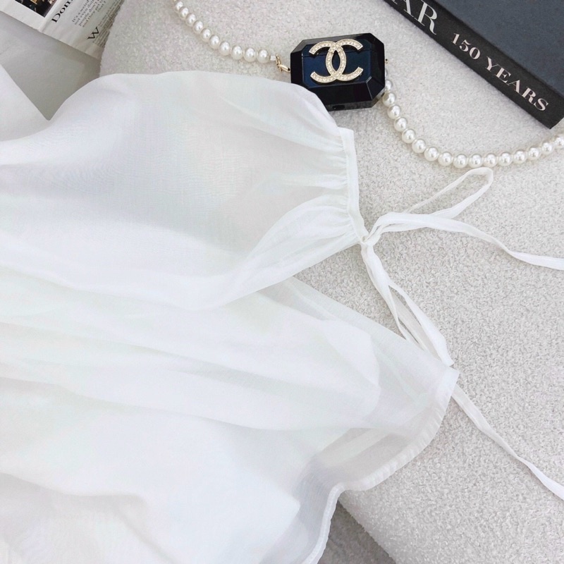 Đầm Xanh 2Dây Trễ Vai Nơ Ngực Xanh Mint/Trắng Vải Đẹp 2 Lớp