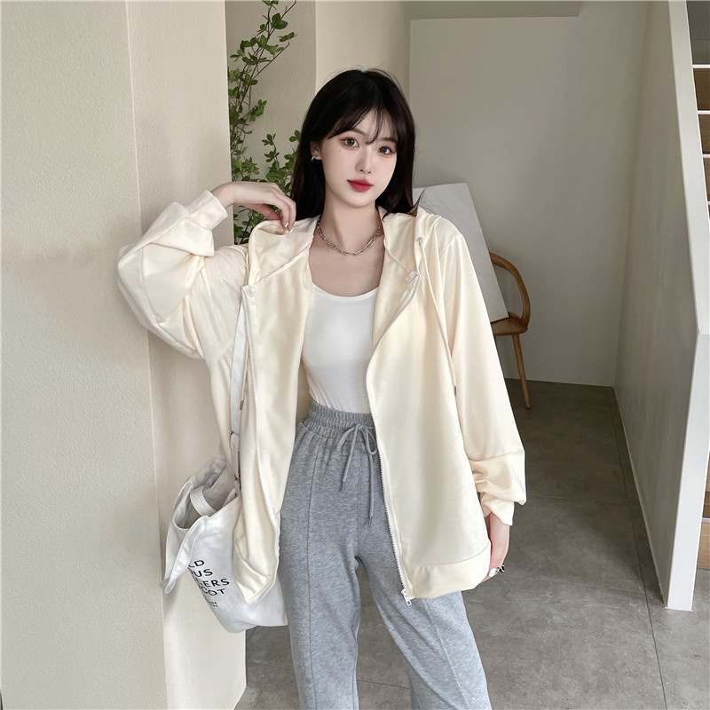 SUXI (MỚI) Áo hoodie nữ dáng rộng màu trơn có khoá kéo