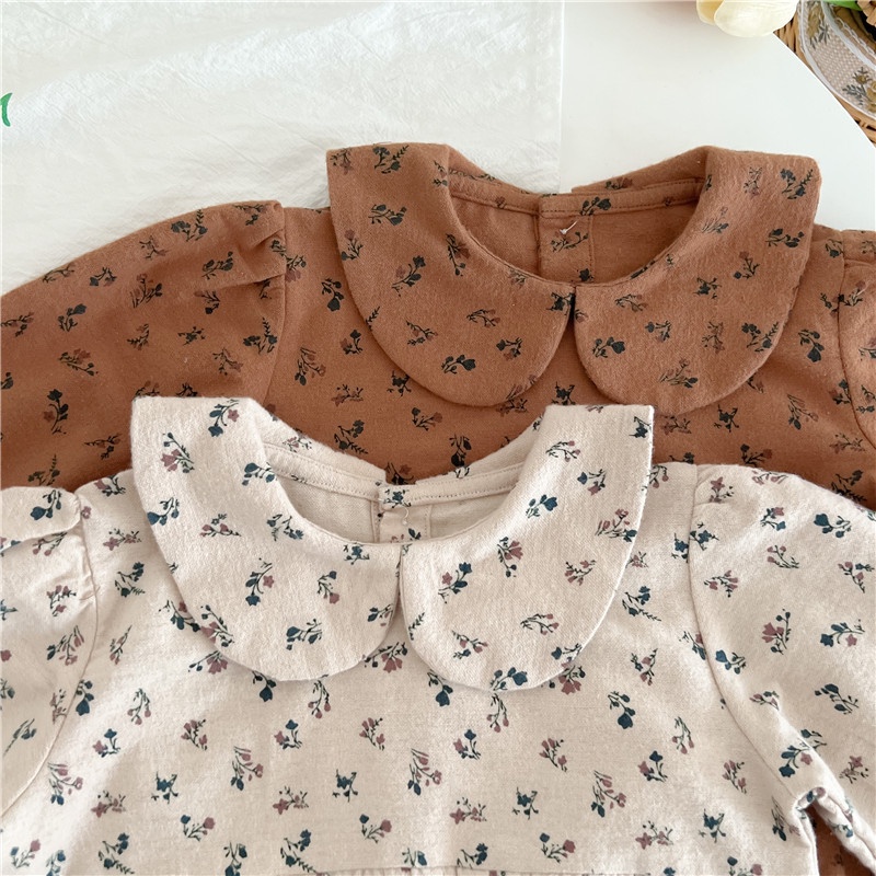 Áo Liền Quần Cổ Búp Bê Họa Tiết Hoa Nhỏ Xinh Xắn Mềm Mại Cho Bé Gái 0-2 Tuổi
