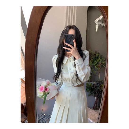 🌷 Set áo & chân váy dài xếp ly cúc ngọc thanh lịch tiểu thư