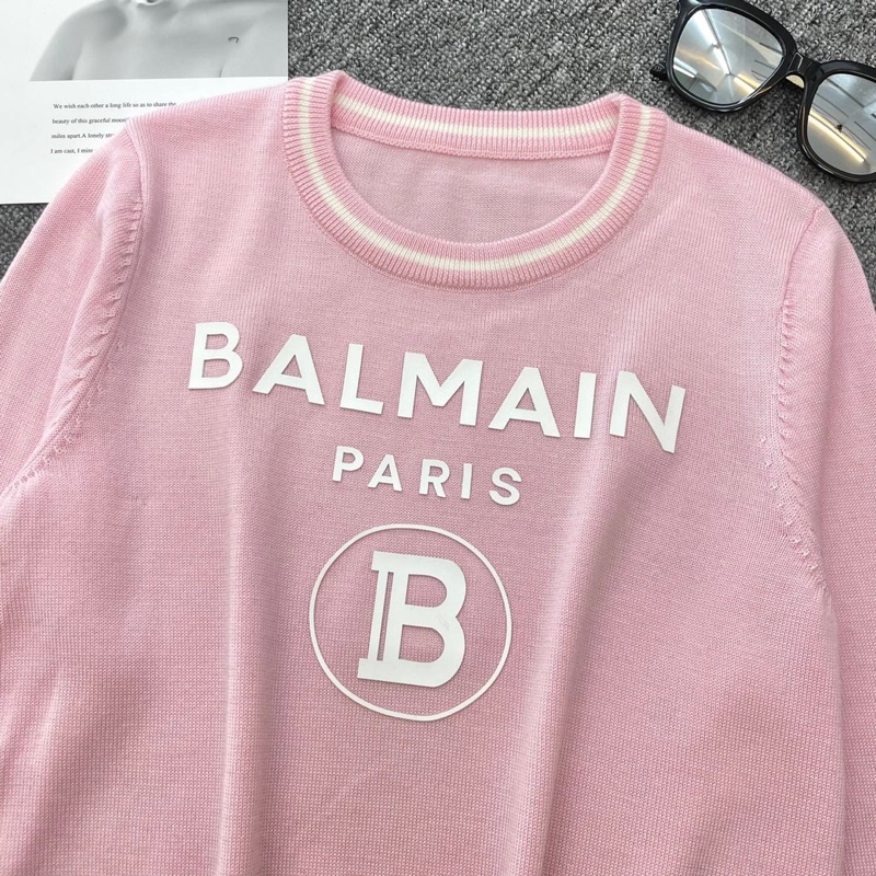 Áo len mỏng dáng ngắn cổ tròn thương hiệu Balmain cao cấp