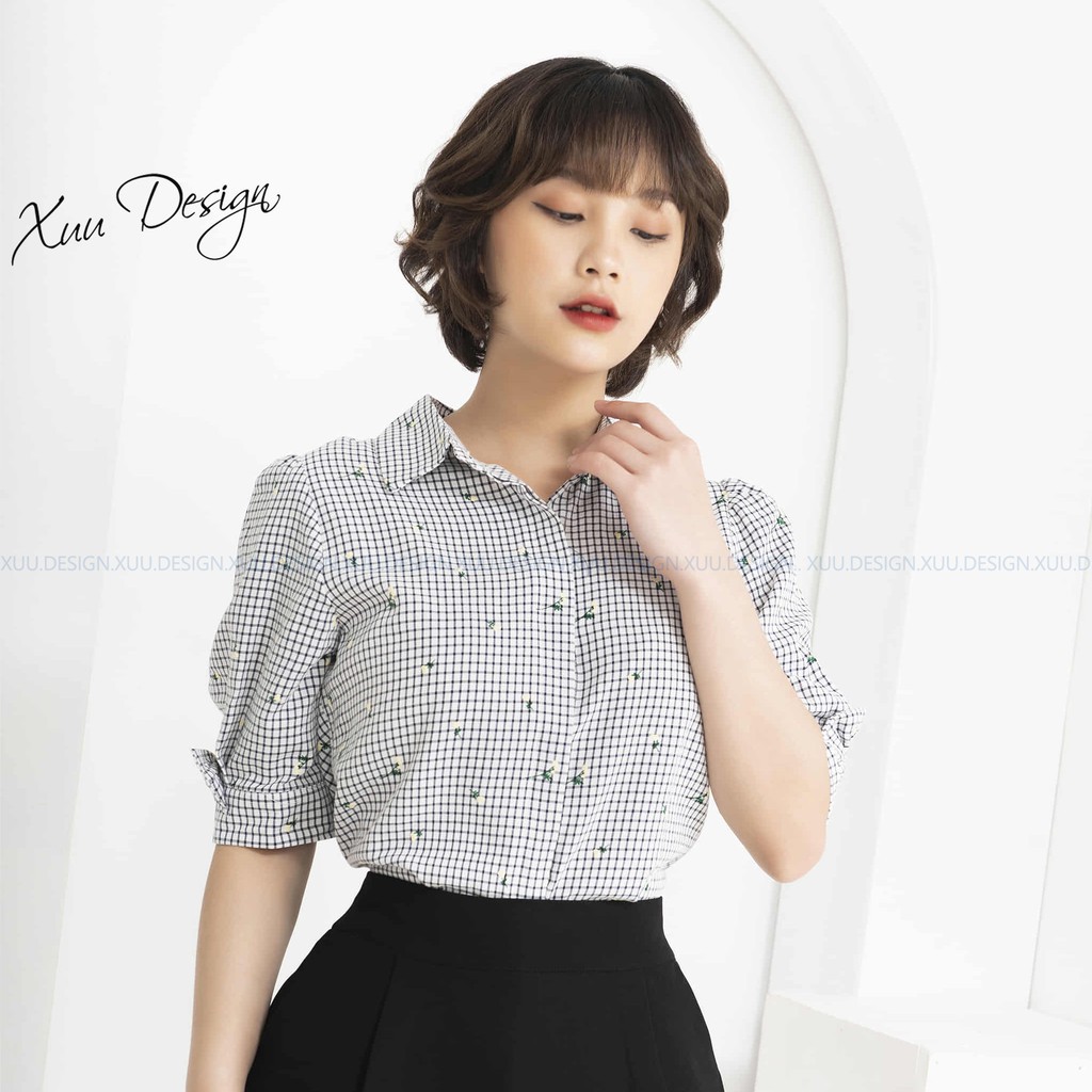 Áo sơ mi nữ công sở Xuu, thiết kế cộc tay caro đen chấm bi phối nơ BS07