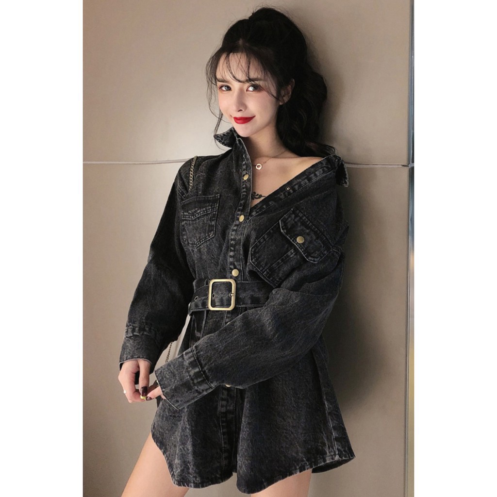 Váy Bò Denim Phong Cách Giấu Quần Kèm Đai Thắt Lưng