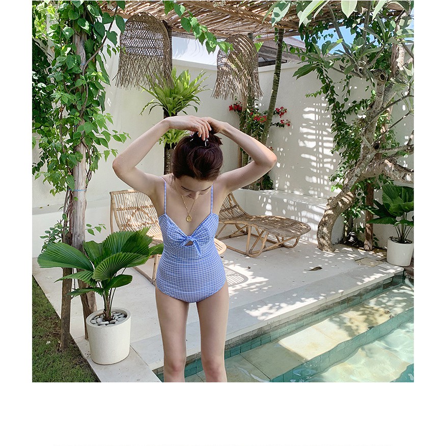BIKINI Bộ đồ bơi nữ đi biểm 1 mảnh liền kẻ caro xanh - nơ buộc ngực