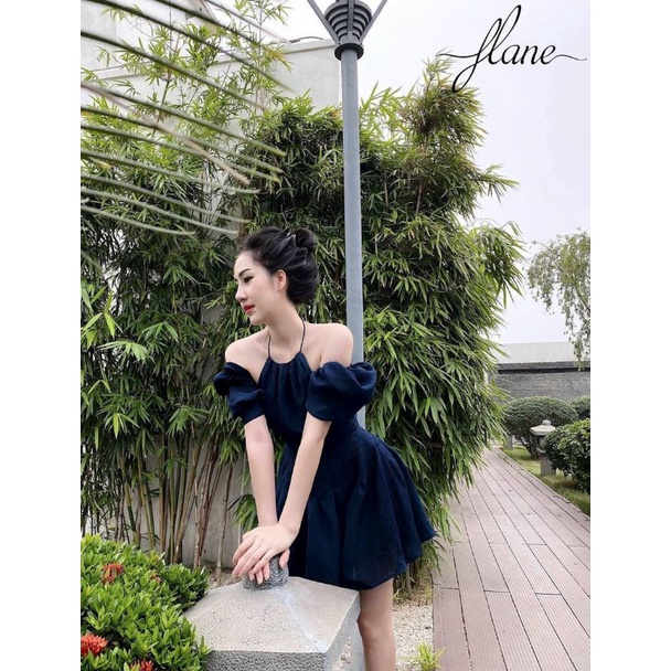 Đầm dạo phố cổ yếm rớt vai Navy Dress