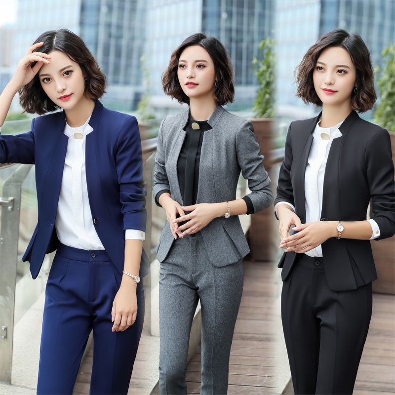Bộ Trang Phục Công Sở Lịch Lãm Gồm Áo Tay Dài Cổ Đứng Và Quần Dài Màu Xanh Dương Trơn Dành Cho Nữ