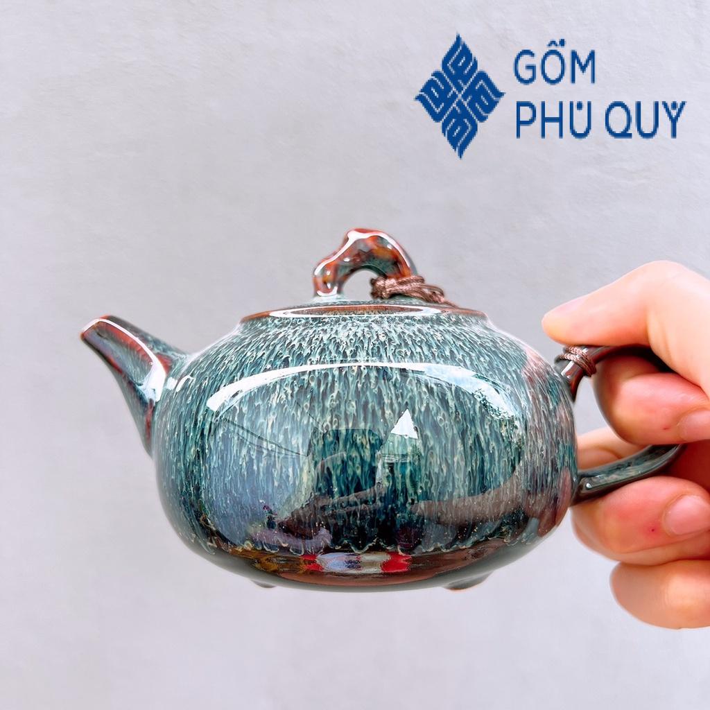 Bộ Ấm Chén Uống Trà 🎁 Gốm Sứ Bát Tràng 🎁 Bộ Ấm Trà Quai Sứ Men Gold Hoả Biến Gomphuquy Hn23