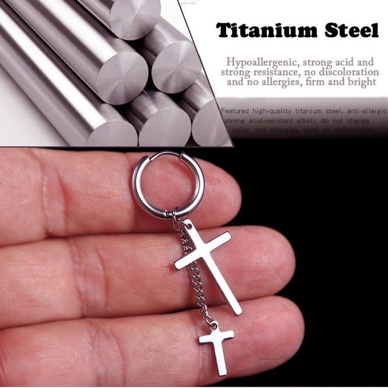 1 Khuyên Tai Hình Thánh Giá Màu Đen Bằng Thép Không Gỉ Phong Cách Hip Hop Cổ Điển Thời Trang