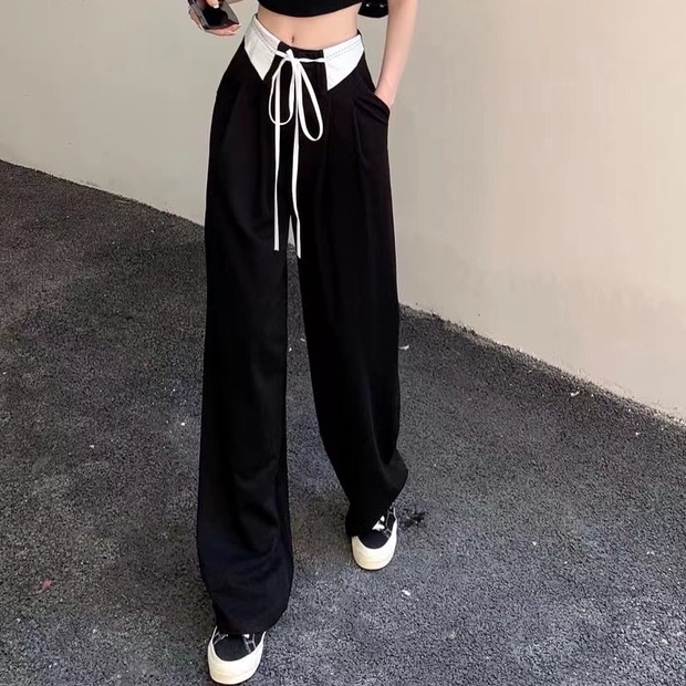 Quần Dài Lưng Cao Ống Rộng Màu Đen Phối Dây Rút Thời Trang Cá Tính Cho Nữ