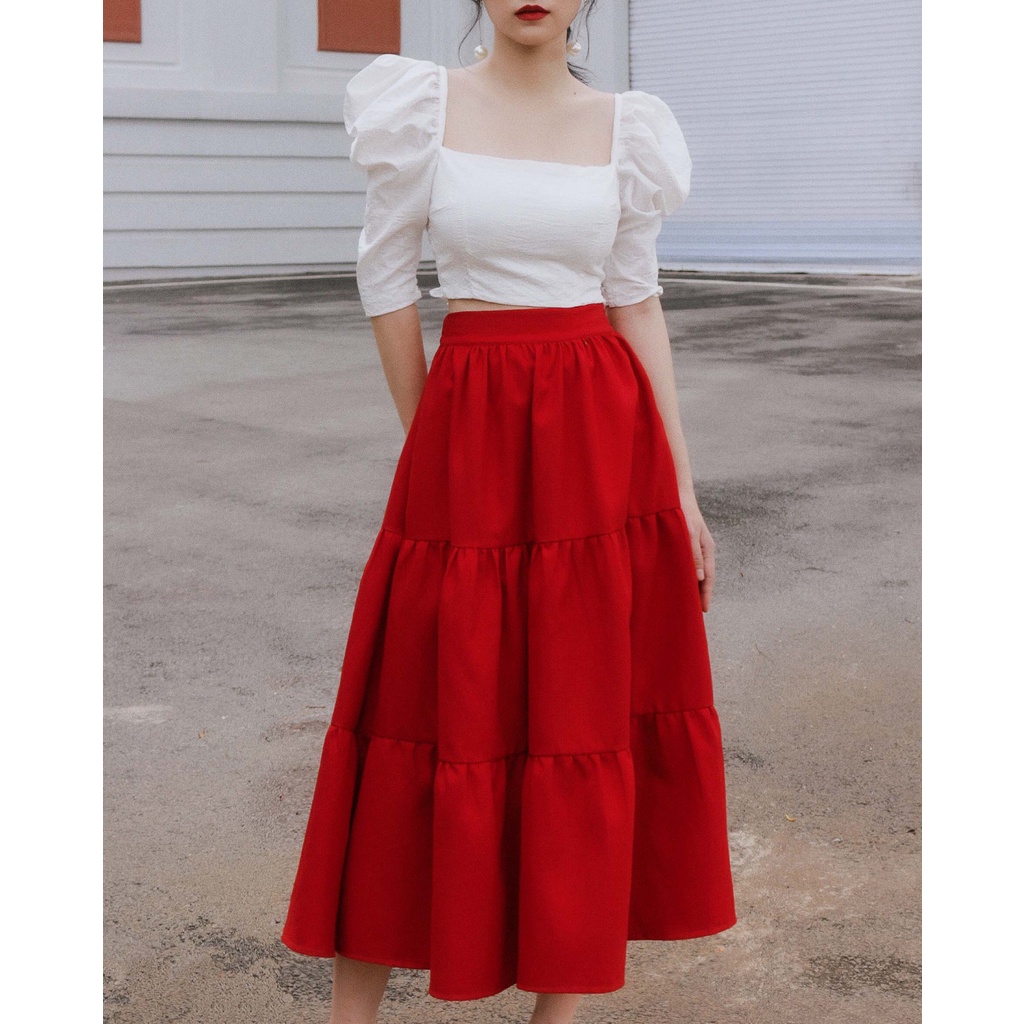 KIOBI – Chân váy Long Ruffle form maxi dáng xòe, tùng 3 tầng nhún bèo, lưng thun sau lưng, vải cotton bố đỏ - KIV19111DO