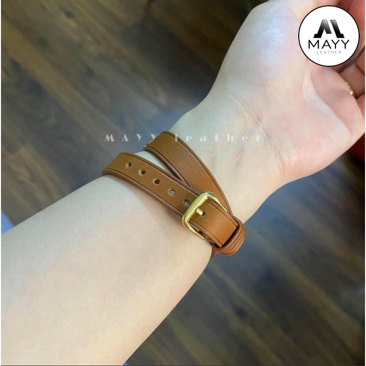 Dây Da Đồng Hồ Apple Watch Double Tour Quấn 2 Vòng Tay Da Bê Barenia Màu Nâu Không Khâu Chỉ