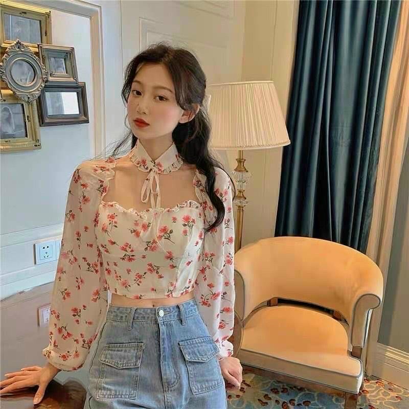 ÁO HOA CỔ U PHỐI CHOKER