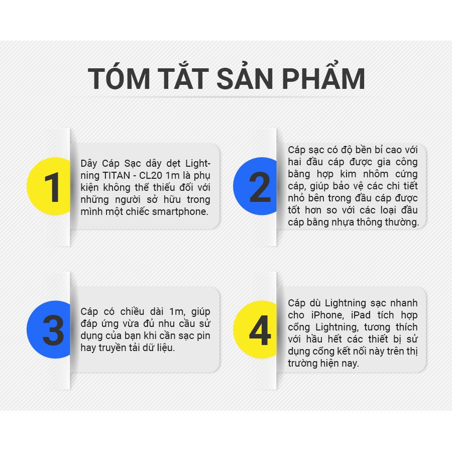 -Cáp Sạc TITAN Dây Dẹt Chân LIGHTNING dài 1m sạc nhanh - Hàng Chính Hãng
