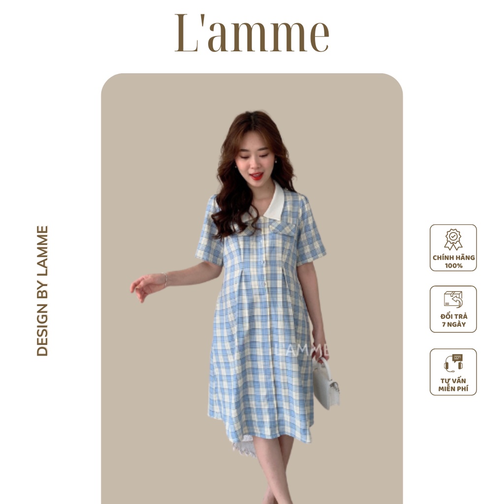 Váy bầu Kylie Dress họa tiết kẻ caro có cúc tiện lợi cho bé tuti thiết kế bởi LAMME