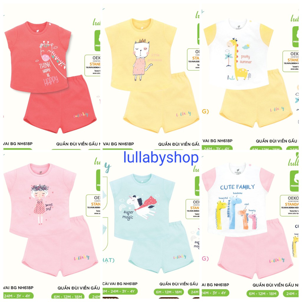 Bộ cộc tay cài vai Lullaby NH618P, bộ quần áo bé gái cotton cao cấp