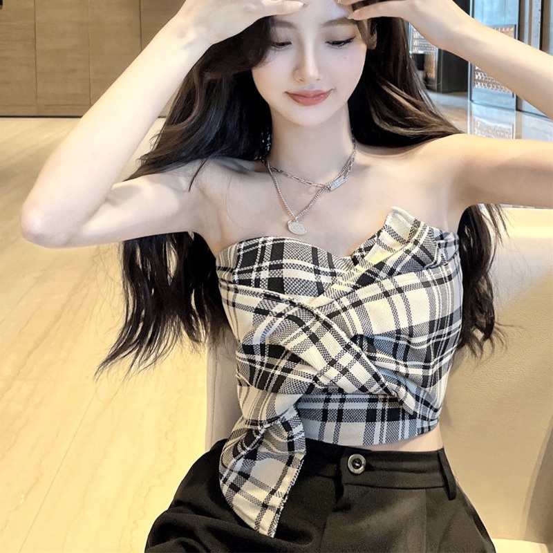 Áo Ống Thắt Nơ Họa Tiết Sọc Caro Thời Trang Mùa Hè Quyến Rũ Cho Nữ