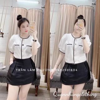 Áo xốp cài khuy ngọc croptop viền hoa trà