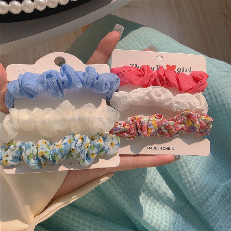 Set 3 dây buộc tóc họa tiết hoa thiết kế dễ thương cho nữ