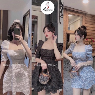 Váy Xoè Ngắn Tay Phồng Cổ Vuông - Đầm Dáng Xòe Gấm Xốp Dập Nổi Hợp Đi Tiệc, Đi Chơi [117]
