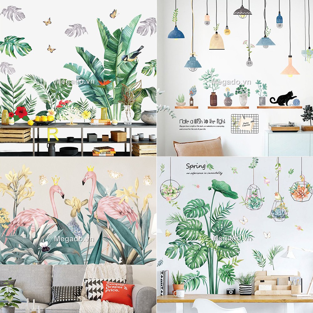 Decal dán tường nhiều mẫu lá xanh, cây chuối xanh, cây xanh rủ trần giá rẻ nhất [D17-1021]